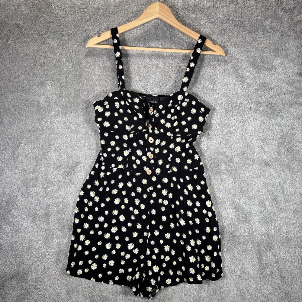 Rue21 Romper Women M Black Daisy Floral Empire Waist Button Cottagecore Y2K